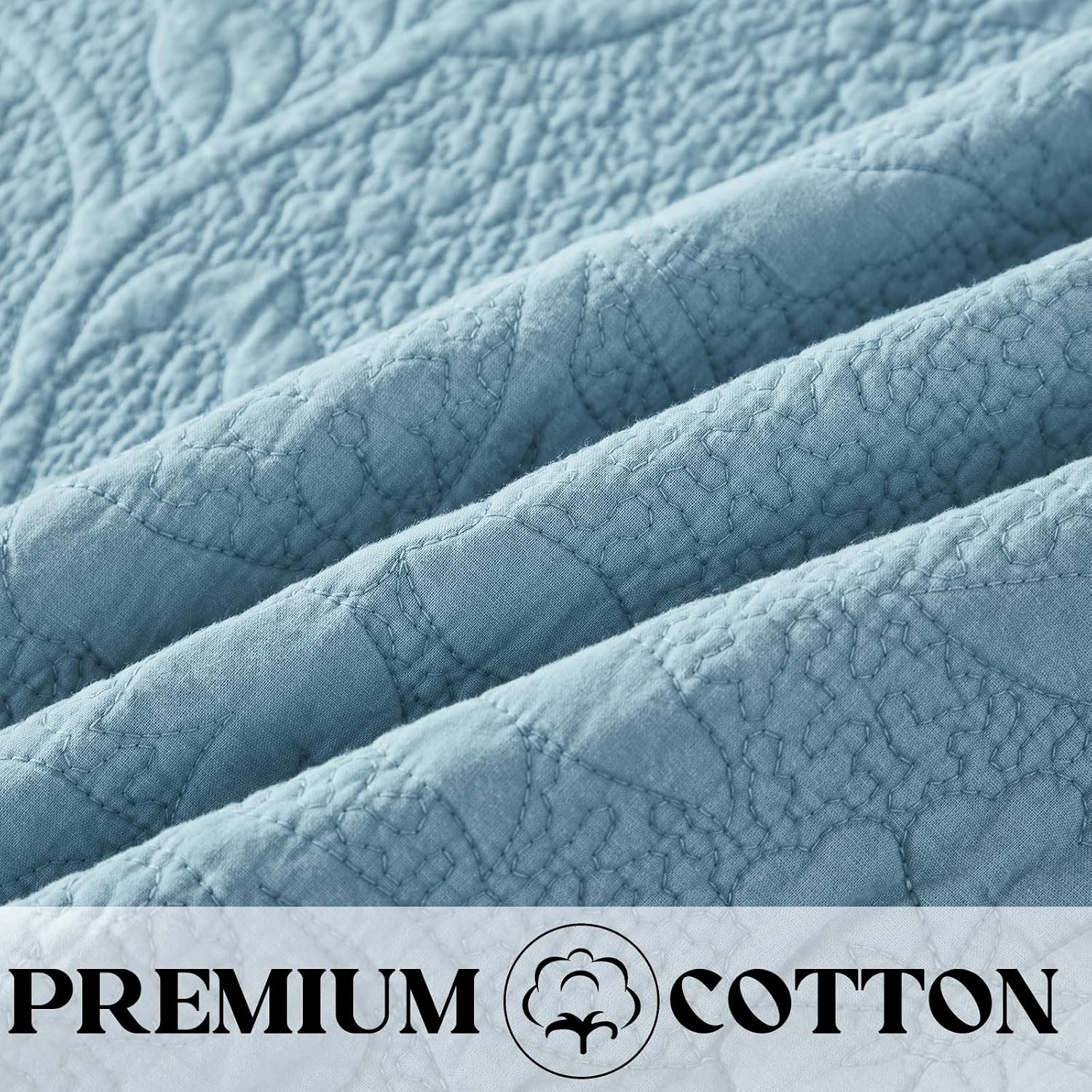 Brandream Luxury 100% Cotton Quilt Set King Size Blue Floral Vine Matelasse Stitching Hand-Finished Scalloped Edges Vintage-Inspired Textured Coverlet 3-Piece