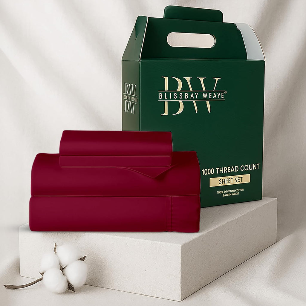 100% Egyptian Cotton Sheet Set Queen Size 4 PCs Sateen Weave Cooling Soft Wrinkle Resistant 18 inches Deep Pocket | 1 Fitted Sheet, 1 Flat Sheet, 2 Pillowcases | Burgundy