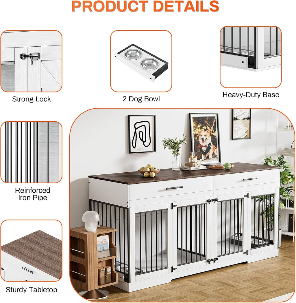 Rophefx 72' Dog Crate Furniture for 2 Dogs, Large Dog Kennel Furniture with 2 Storage Drawer and Removable Divider, Wooden Dog Cage with 4 Bowls, Indoor Dog House TV Stand for Medium Dog, White