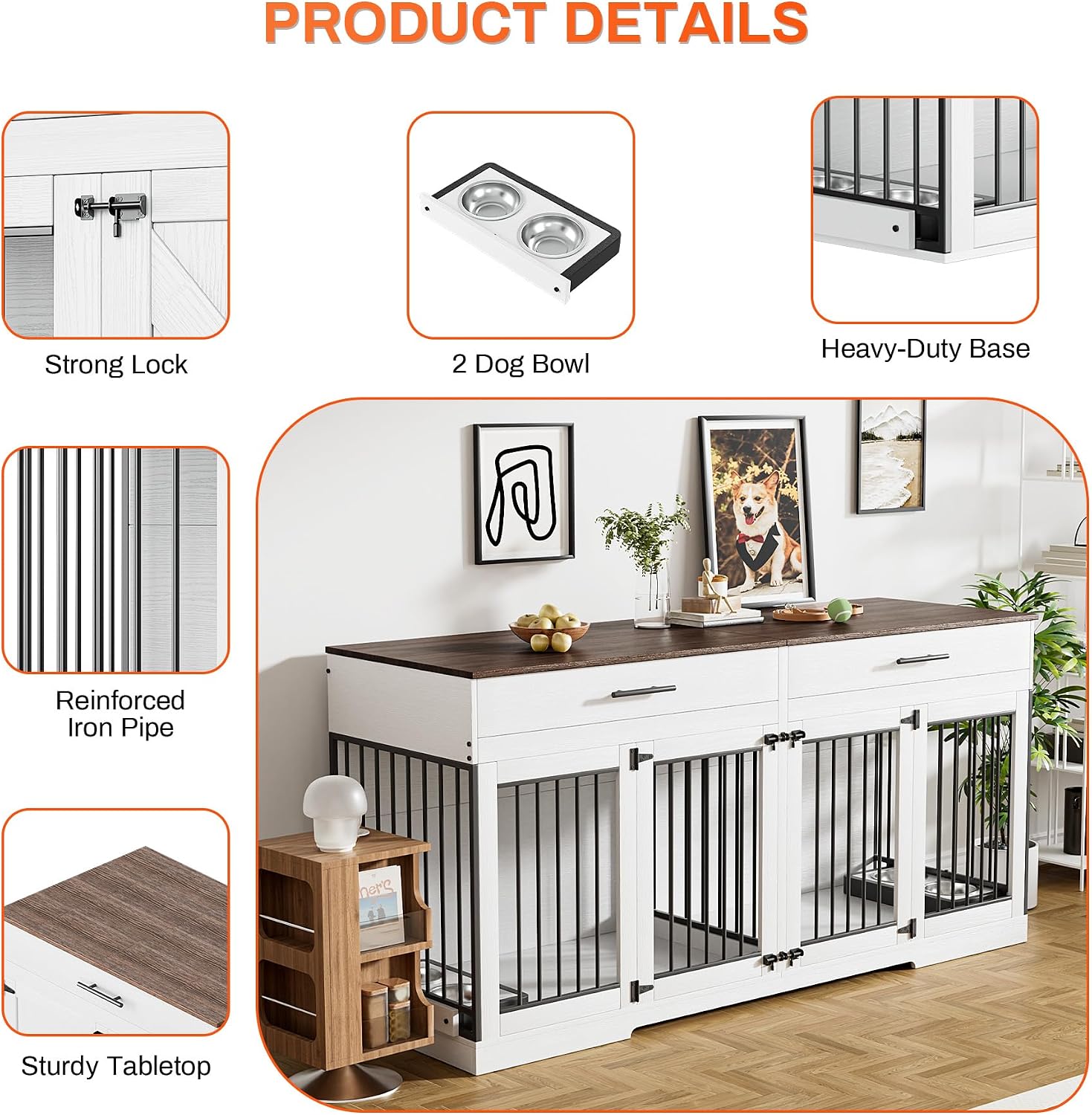 Rophefx 72' Dog Crate Furniture for 2 Dogs, Large Dog Kennel Furniture with 2 Storage Drawer and Removable Divider, Wooden Dog Cage with 4 Bowls, Indoor Dog House TV Stand for Medium Dog, White