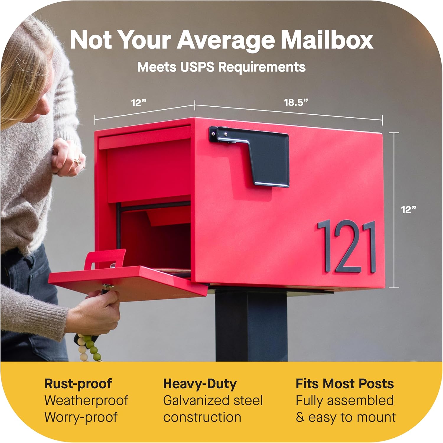 Adoorn Lockable Post Mount Mailboxes for Outside - Small Anti-Theft Locking Mailbox for Packages and Letters - Weatherproof Construction - Durable Steel - 12' H x 12' W x 18.5' D - Yellow