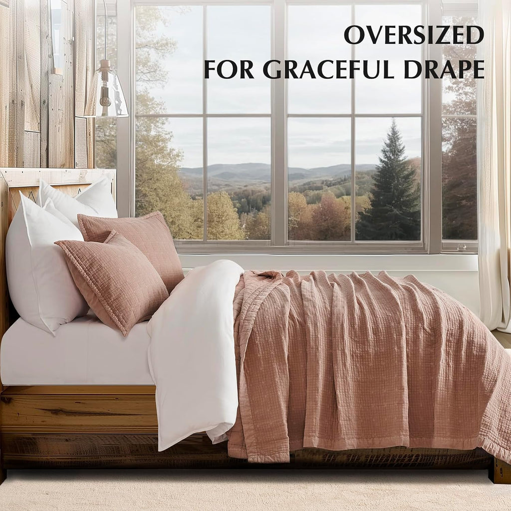 EVERGRACEHOME Stonewashed Cotton Quilt Set King Size, Ultra Soft Oversized Bedspread Coverlet Set, Lightweight Crinkle Box Stitch Bedding Sets for All Season, with 2 Shams, Terracotta Clay