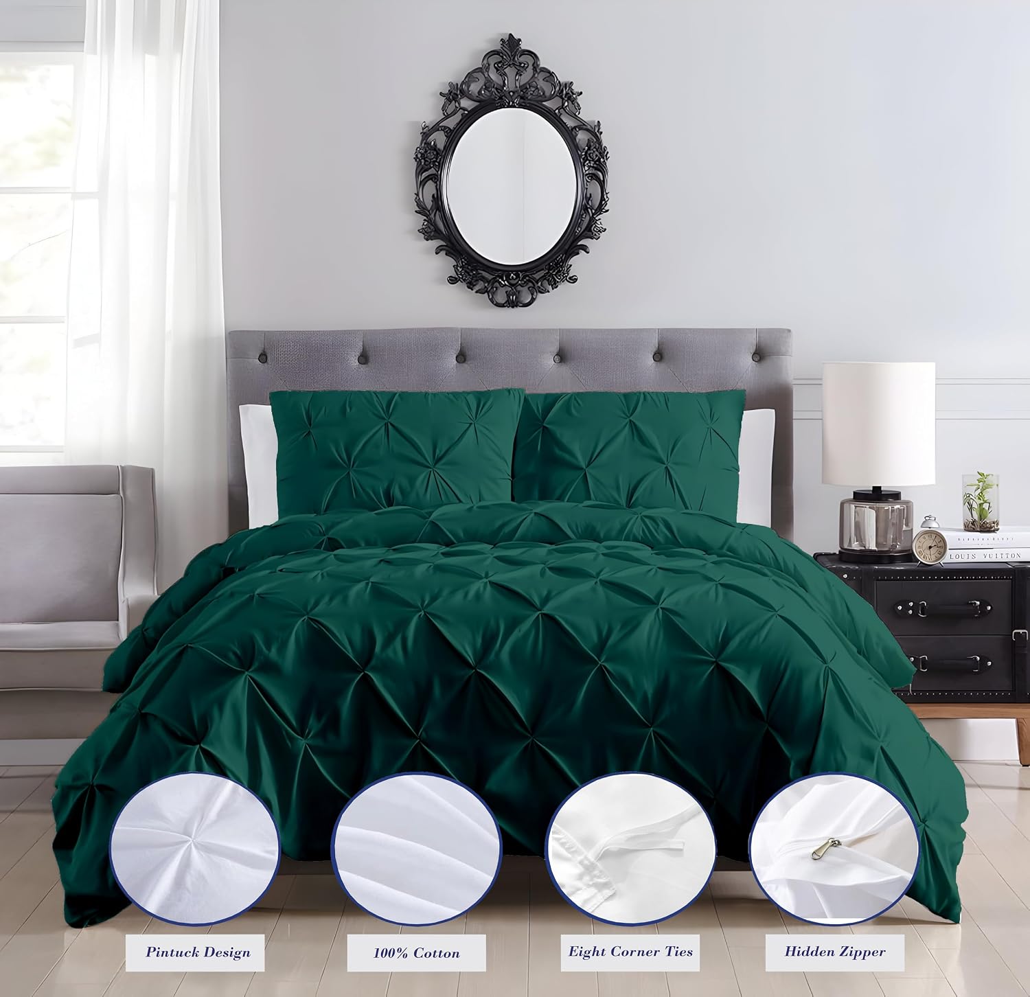 Pinch Duvet Cover Set Oversized Queen Size 1 Duvet Cover with 2 Pillow Shams 3-Pc Comforter Cover with Zipper Closure & Corner Tie 100% Egyptian Cotton Cover (98x98 Inch, Teal)