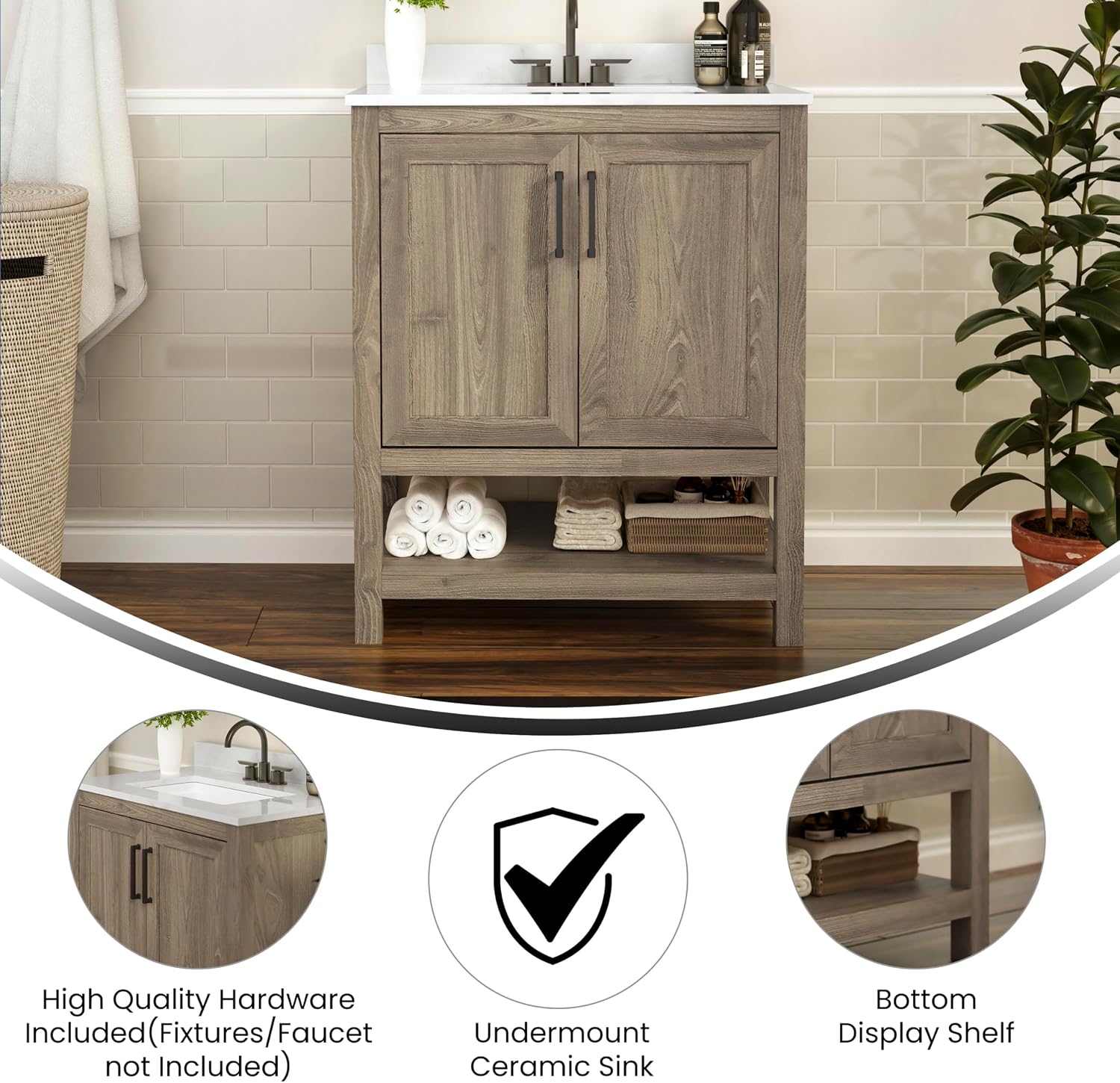 Flash Furniture Vega 30 Inch Bathroom Vanity with Sink Combo, Storage Cabinet with Soft Close Doors and Open Shelf, Carrara Marble Finish Countertop, Brown/White