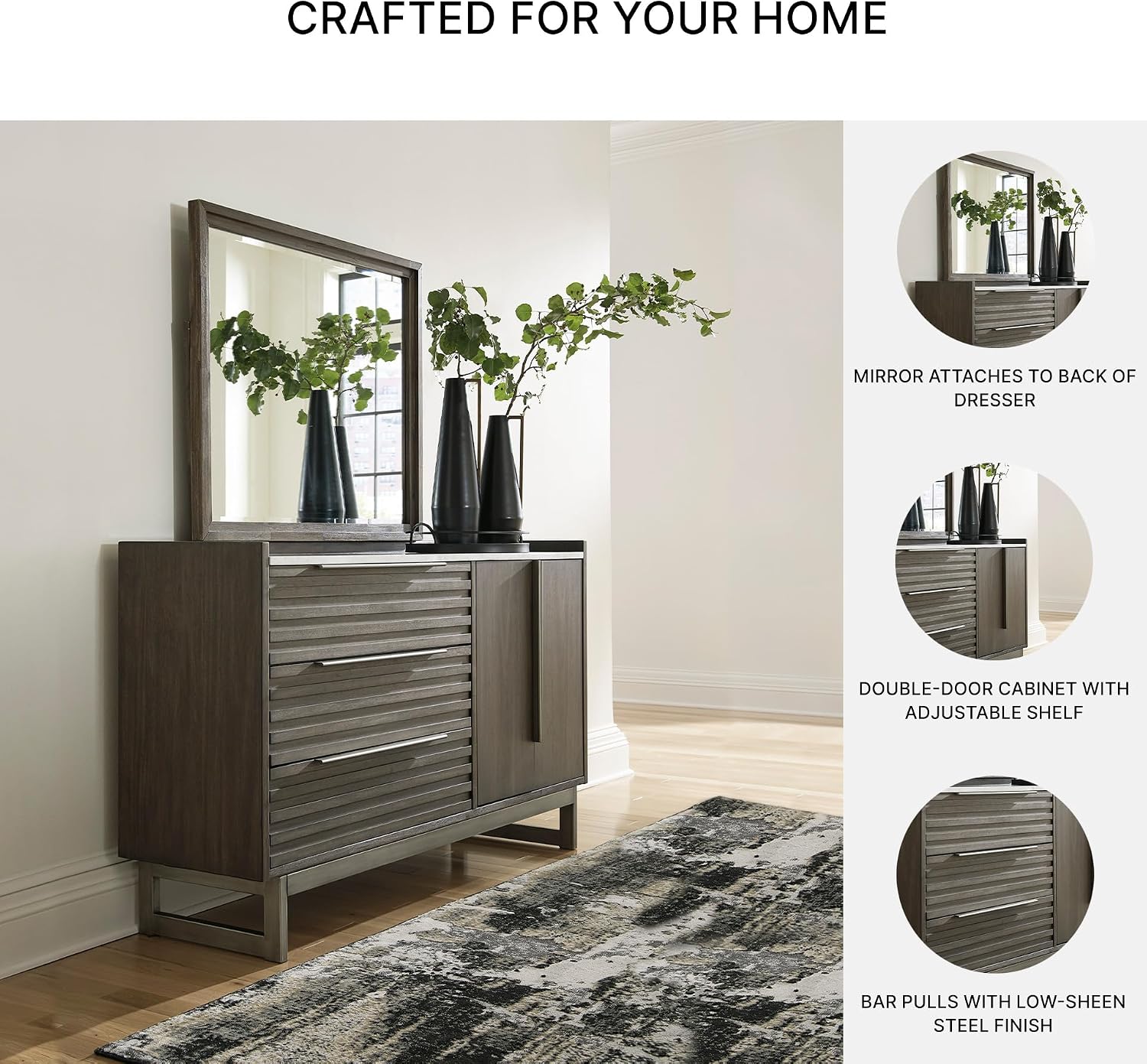Signature Design by Ashley Arkenton Mid-Century Modern 3-Drawer Dresser and Mirror with Felt-Lined Top Drawer, Adjustable Shelf and Safety Stop, Dark Brown & White