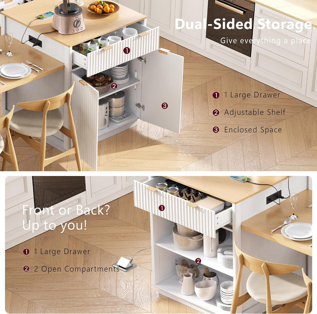 RUNNA 82.6' Fluted Kitchen Island with Extendable Dining Table for 4-6,Island Table for Kitchen with Power Outlet, Kitchen Table with Double-Side Storage, 2 Drawers 2 Side Open Shelves (White#18)