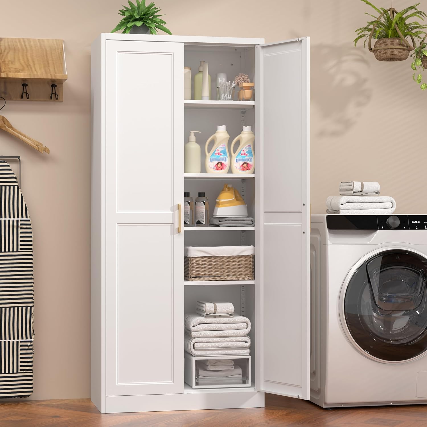 71' Tall Metal Pantry Cabinet, White Kitchen Pantry Storage Cabinet with 4 Adjustable Shelves and Gold Handles, Cupboard for Kitchen, Dining Room, Living Room, Bathroom
