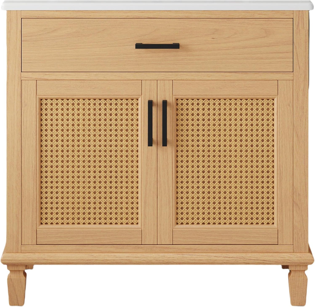 36' Rattan Bathroom Vanity with Sink, Bathroom Vanities with Soft Close Doors & Drawers, Freestanding Bathroom Sink Cabinet with Solid Wood Legs & Large Space Storage, Modern Vanity, Natural