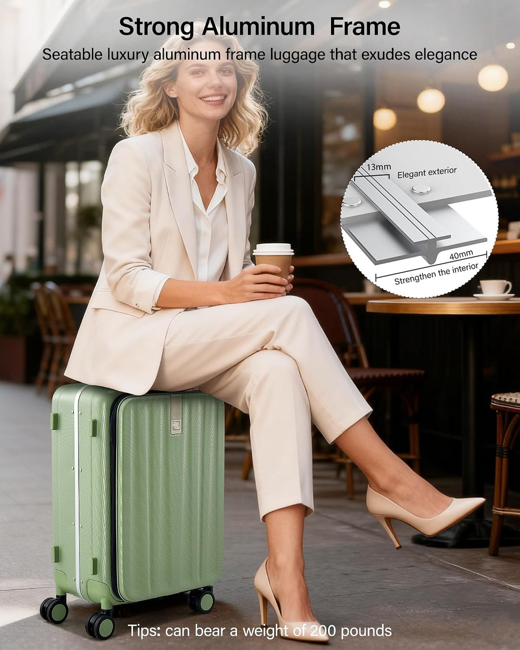 Hanke 20 Inch Carry-On Luggage with Wheels PC Hard Shell Suitcases Top Opening Aluminum Frame Travel Luggage Suitcases for Woman Men.(Bamboo Green)
