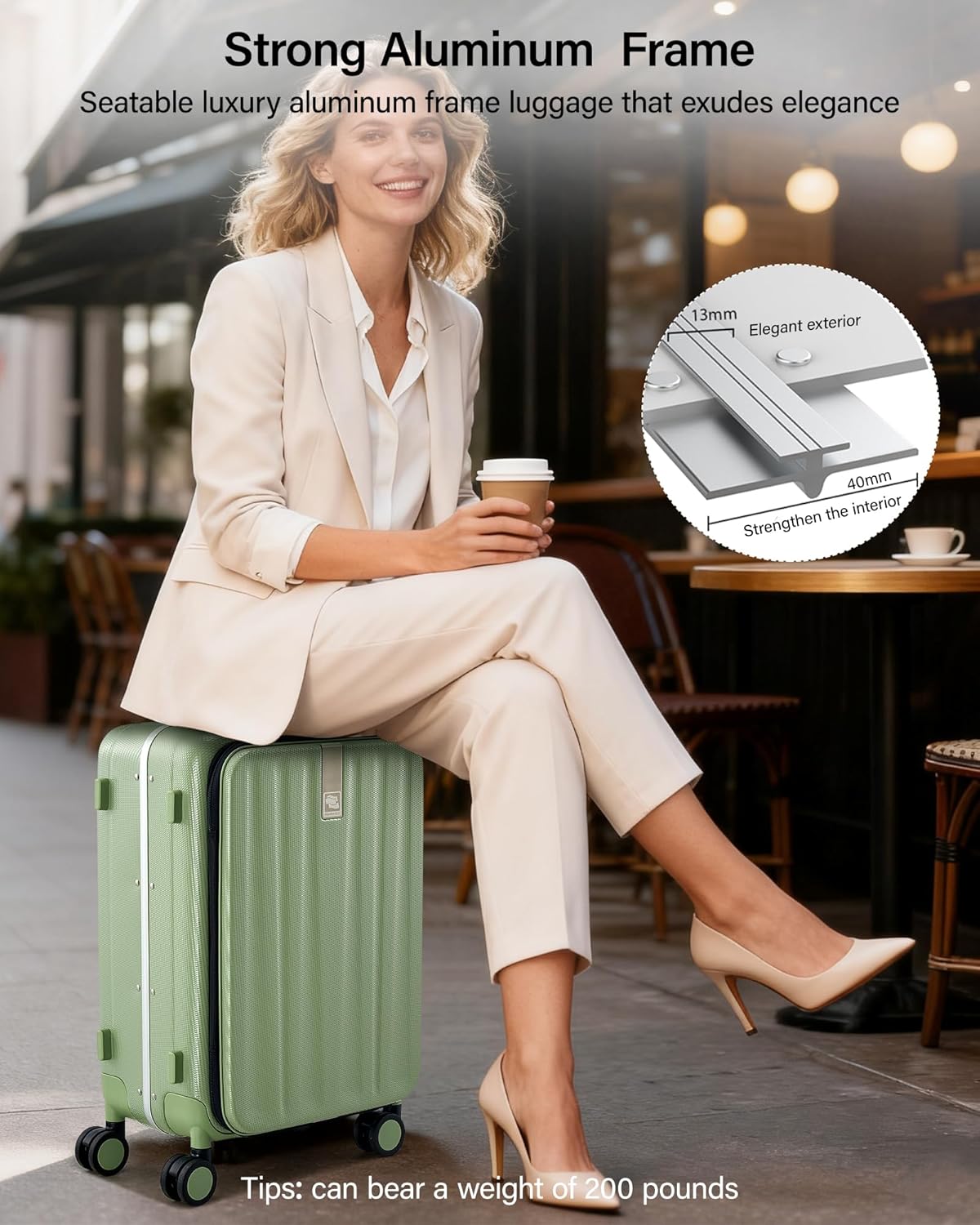 Hanke 24 Inch Checked Luggage PC Hard Shell luggage Top Opening Aluminum Frame Travel Luggage Suitcases with Wheels for Woman Men.(Bamboo Green)