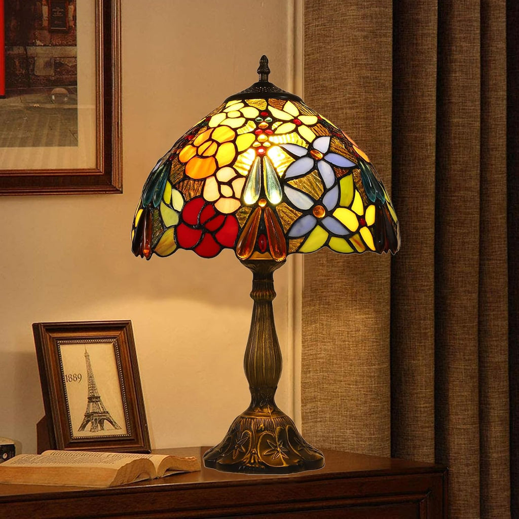 Tiffany Tall Table Lamps Bedside Nightstand Rose Flower Beads Stained Glass Table Lamp for Bedroom,Living Room,Dining Room Restaurant Hotel Desk Reading Light+LED Bulb,12X12X18 INCH