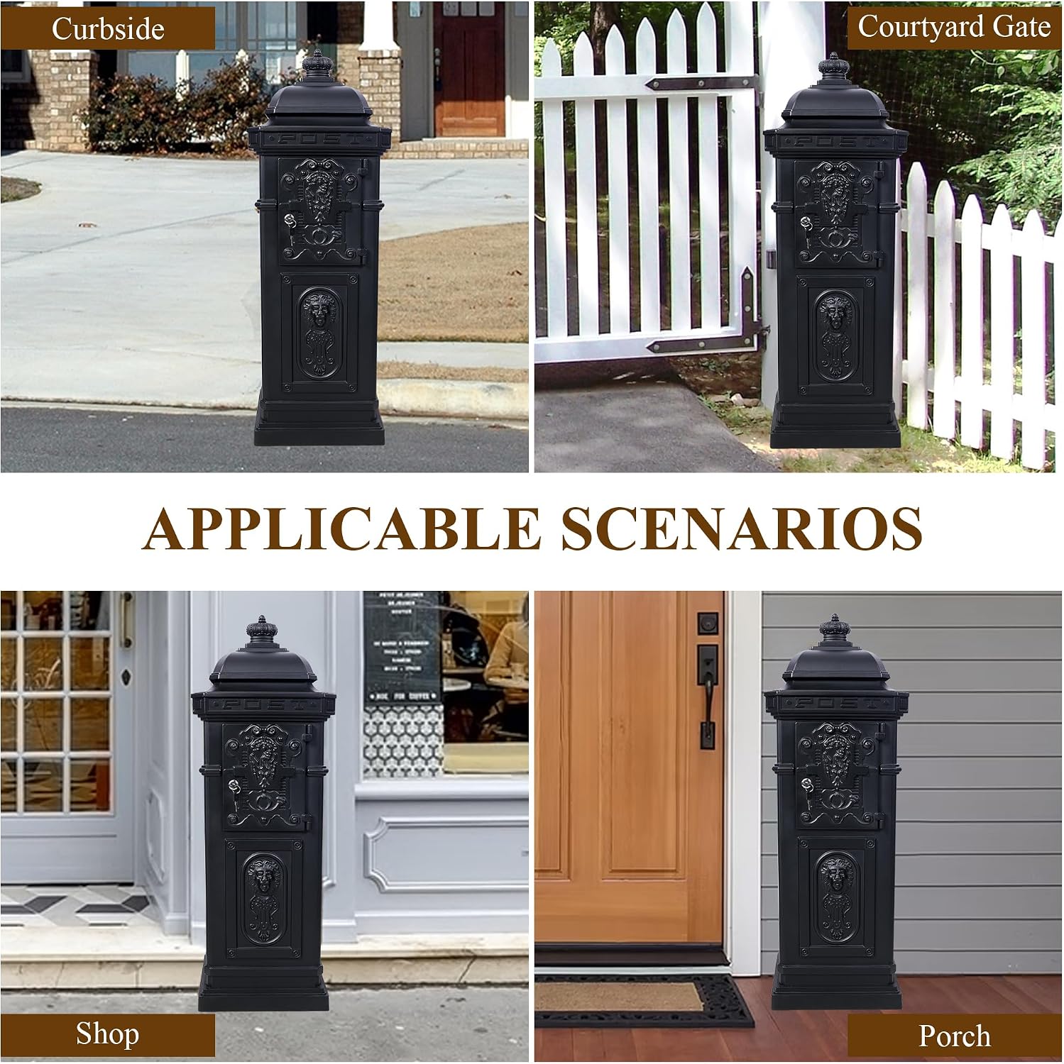 Vintage Large-Capacity Cast Aluminum Mailbox, Outdoor Weatherproof Floor Standing Postbox, Decorative Copper Finish Letter Box with Lock, Roman Column Design for Home Use (Black)