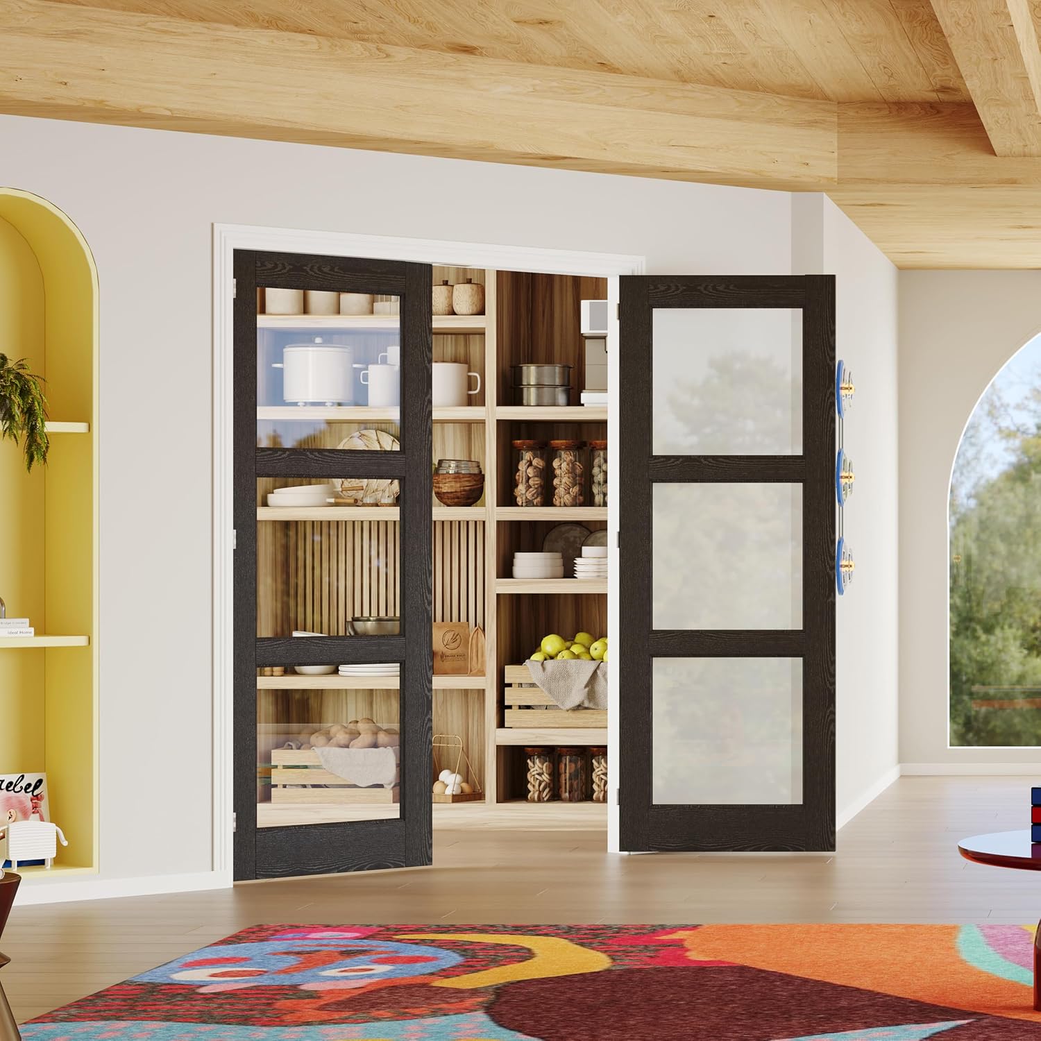 French Doors, 48' x 80', 3-Lite Clear Glass Black Pantry Door, Prehung Interior Door for Home and Laundry, Solid Core & MDF with Door Jamb & Hardware Kit - Easy to Install