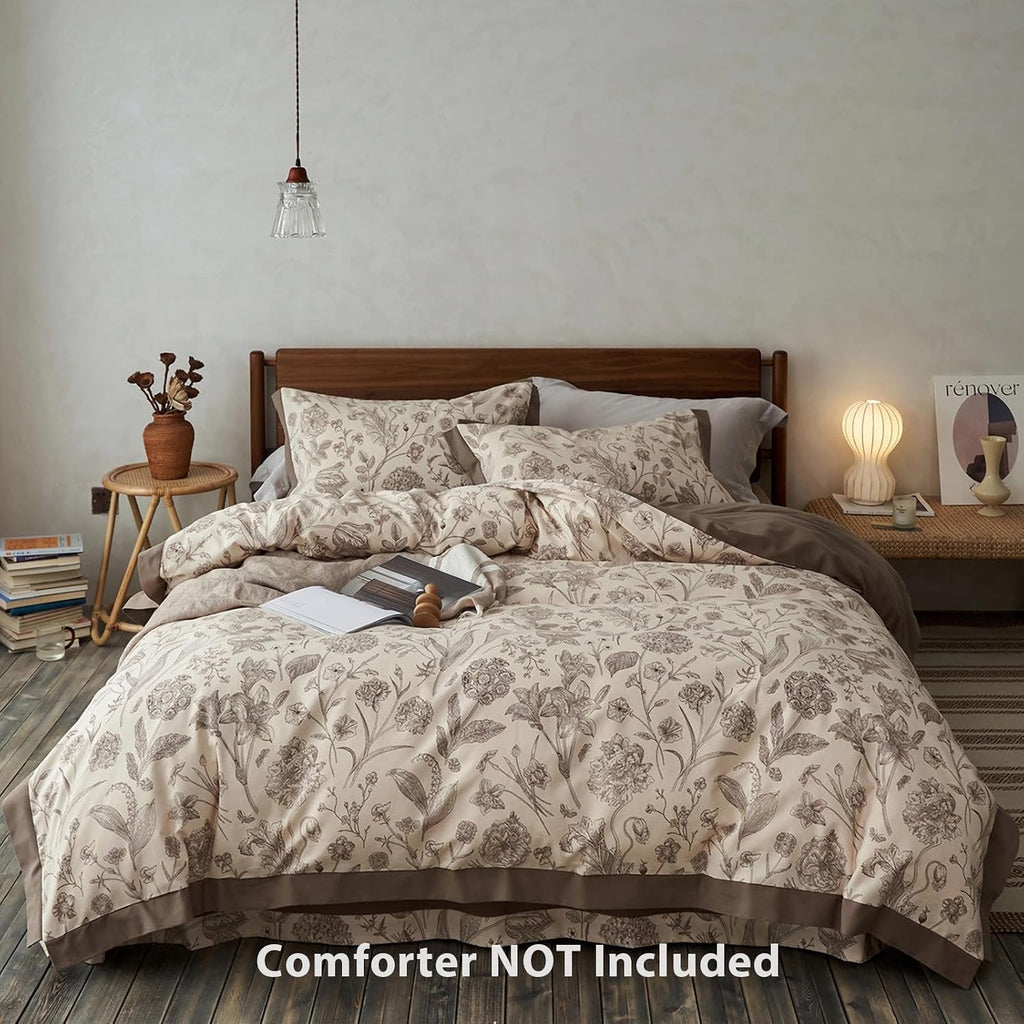 100% Cotton Botanical Duvet Cover Queen Size, Reversible Floral Bedding Set, Soft Breathable Brushed Cotton Vintage Cottagecore Neutral Duvet Cover with Zipper, All Season (Brown, 90'x90')