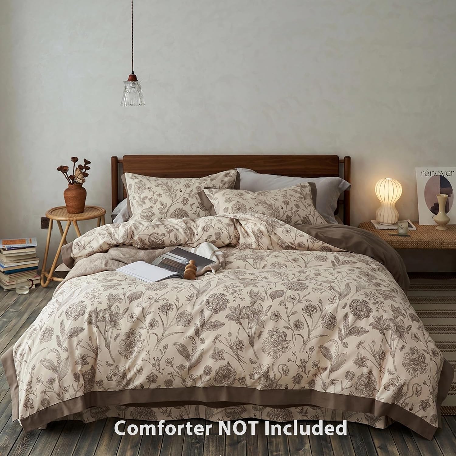 100% Cotton Botanical Duvet Cover Queen Size, Reversible Floral Bedding Set, Soft Breathable Brushed Cotton Vintage Cottagecore Neutral Duvet Cover with Zipper, All Season (Brown, 90'x90')