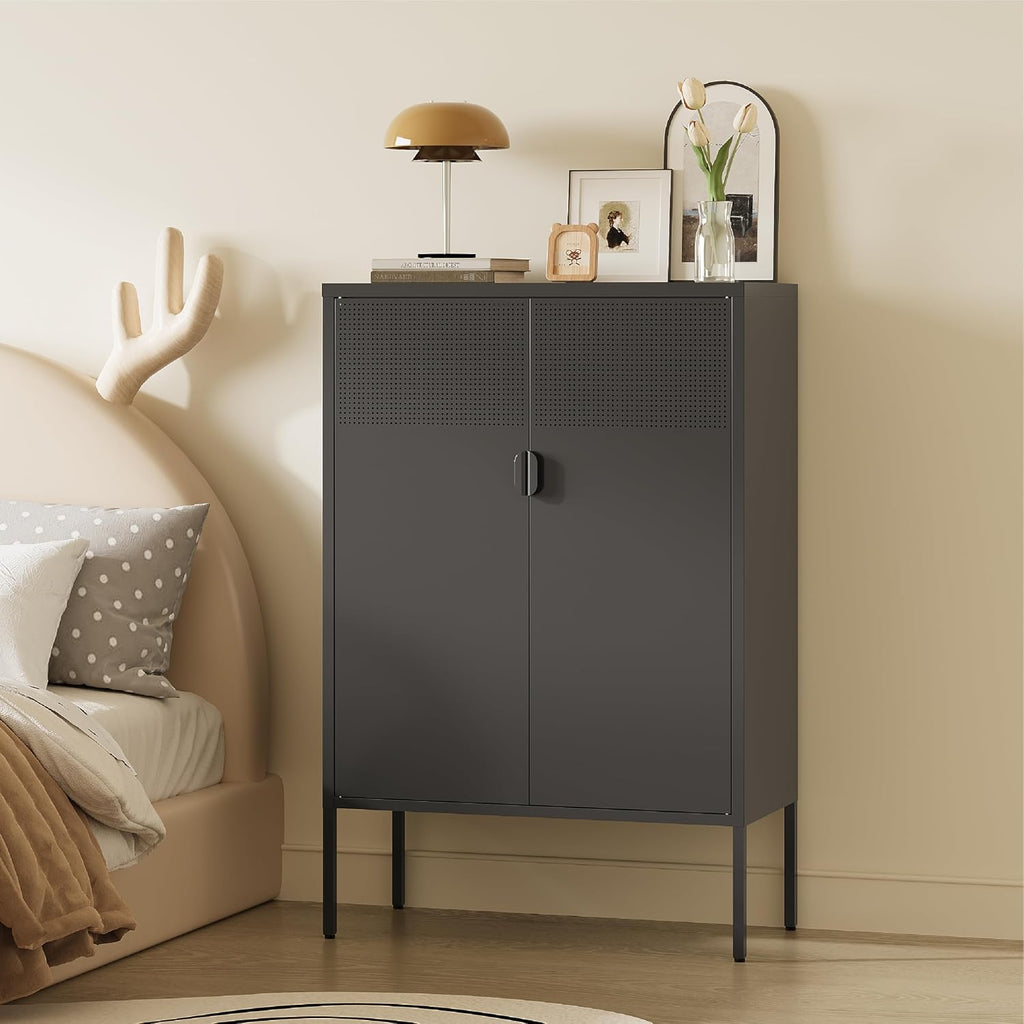 Black Metal Storage Cabinet,2 Door TV Stand, Metal Mesh Accent Cabinet,Magnetic Door Closure,Low Storage Cabinets with Doors and Shelf for Home,Office,Living Room