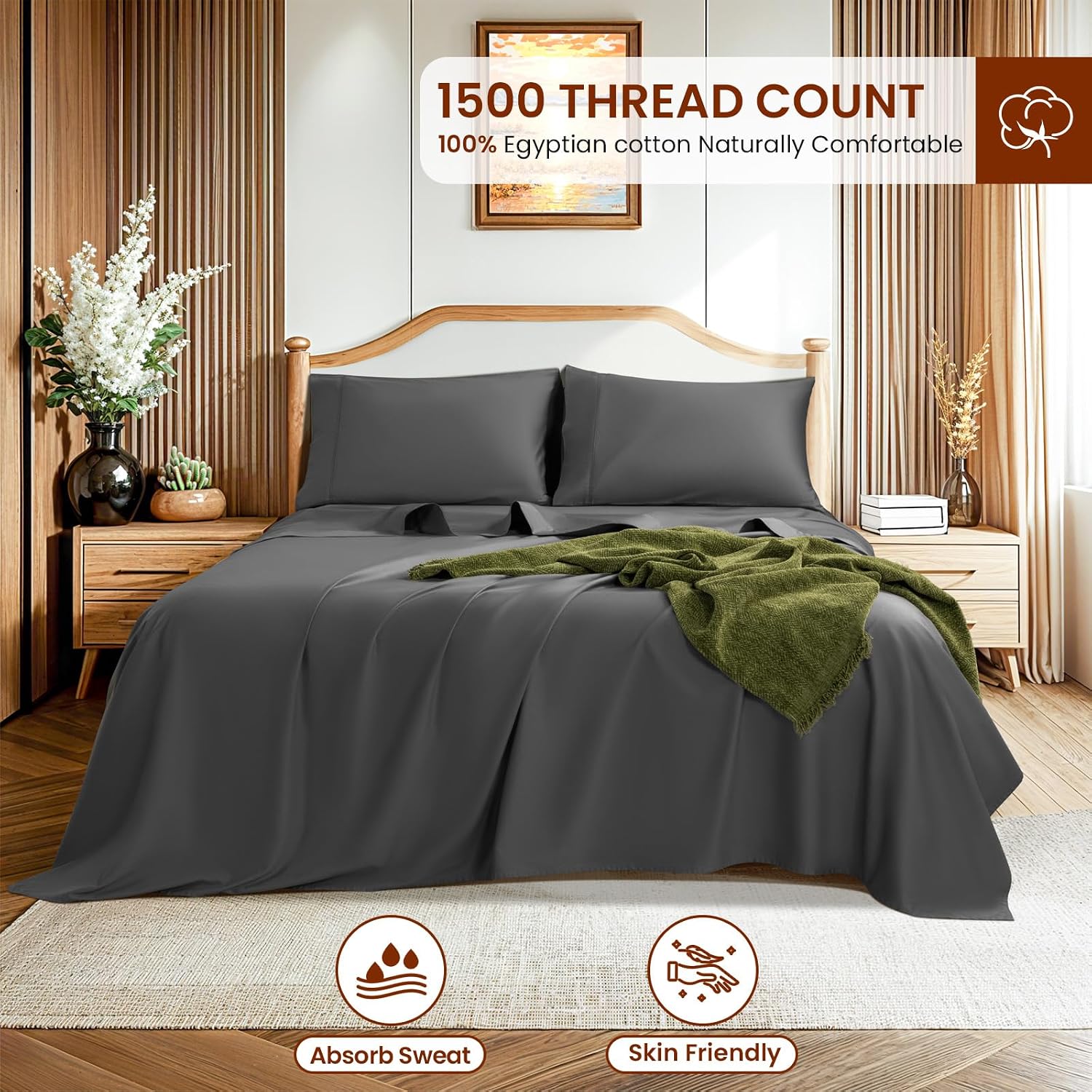 LBRO2M 1500 Thread Count Sheets 100% Egyptian Cotton Sheets Set King Size 16 Inches Deep Pocket Bedding 4 Piece Sets (King, Dark Gray)