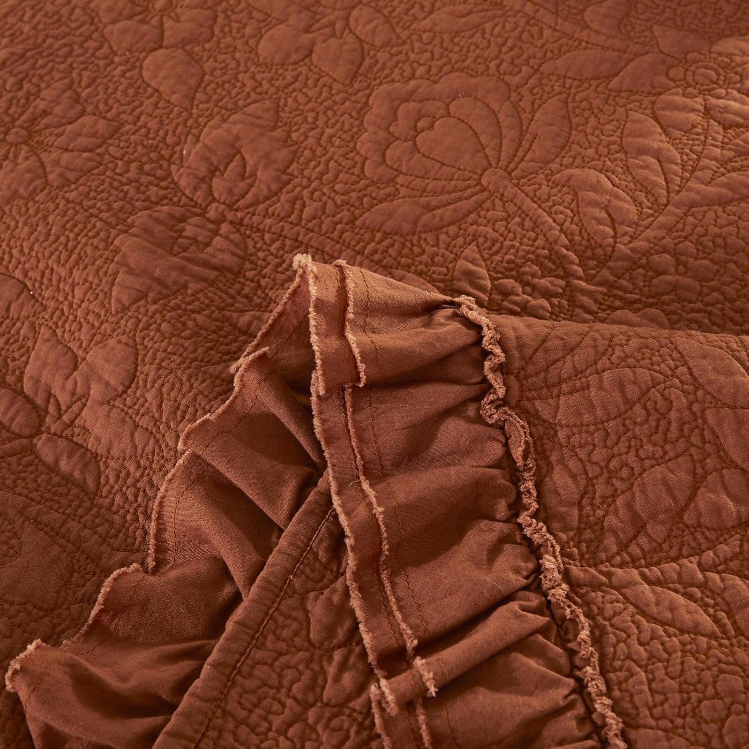 Brandream Queen Size Quilt Set Cotton Burnt Orange Vintage Farmhouse Quilted Comforter Set Luxury Ruffle Bedspreads 3-Piece
