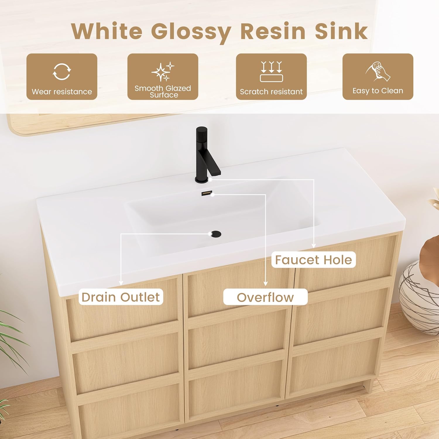 48 Inch Bathroom Vanity with Sink, 48' Freestanding Storage Cabinet Combo, 3 Soft Close Doors and Resin Basin, Modern Brown Floor Standing Vanity Set, Plywood Construction
