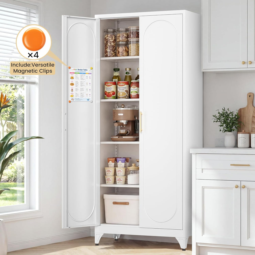 75' Tall Metal Storage Cabinet with 2 Doors and 4 Adjustable Shelves, 32'W x 16'D Heavy Duty Steel Pantry Cabinet for Kitchen, Garage, Home Office and Laundry Room, Cold-Rolled Steel, White