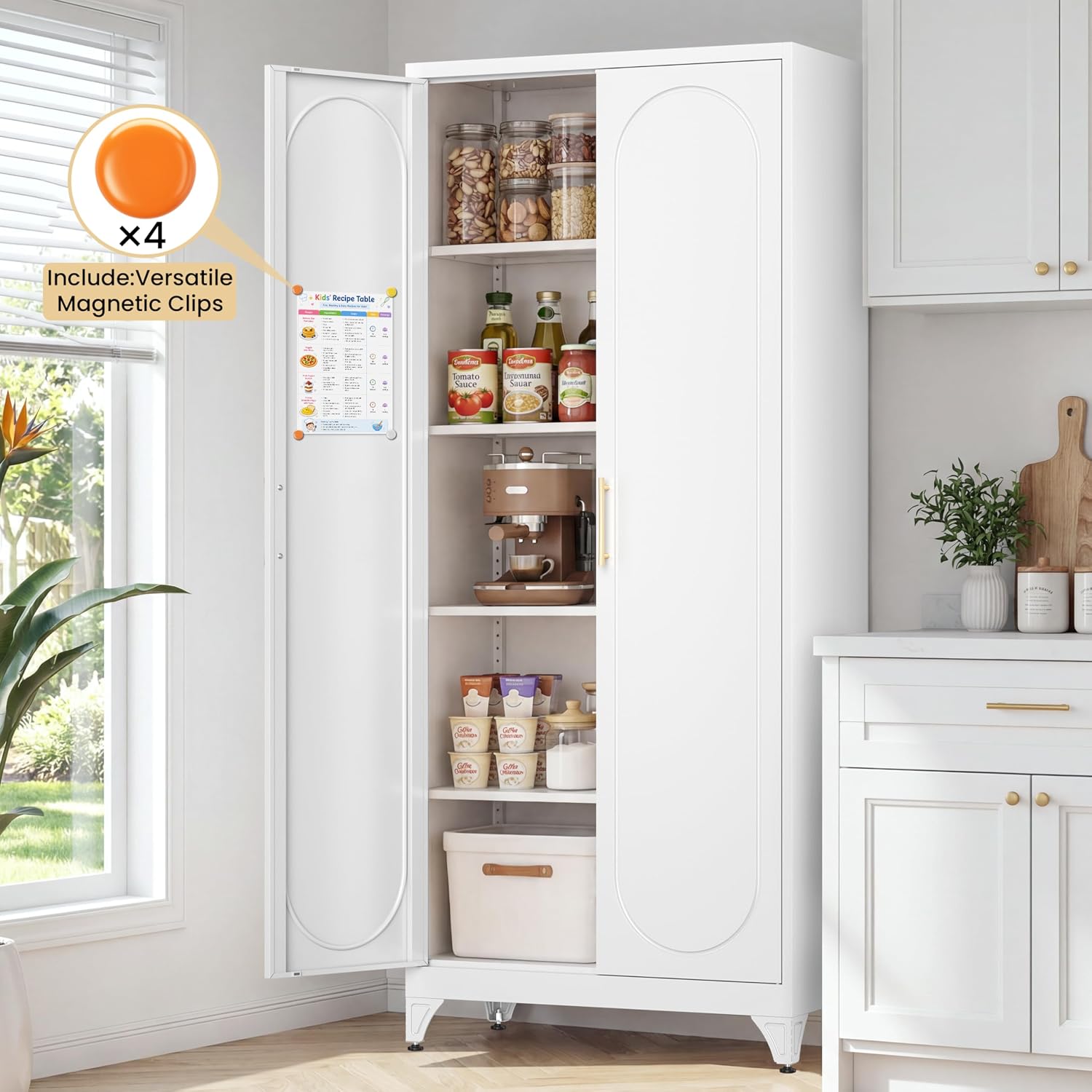 75' Tall Metal Storage Cabinet with 2 Doors and 4 Adjustable Shelves, 32'W x 16'D Heavy Duty Steel Pantry Cabinet for Kitchen, Garage, Home Office and Laundry Room, Cold-Rolled Steel, White