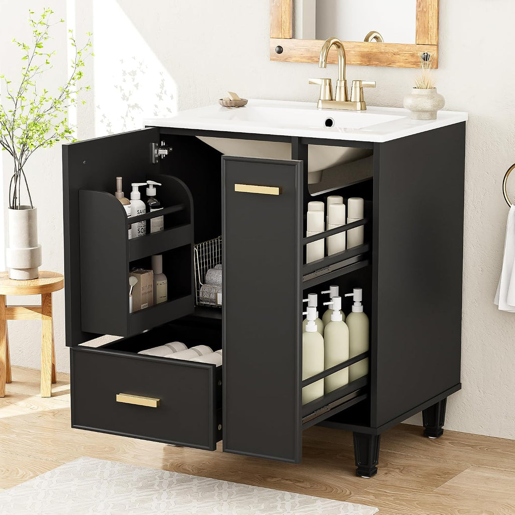 Harper & Bright Designs 24' Bathroom Vanity with Sink, Free Standing Vanity Set with Door Shelf, Deep Drawer, and 2-Tier Pull-Out Basket, Wood Storage Cabinet with Ceramic Basin for Bathroom, Black