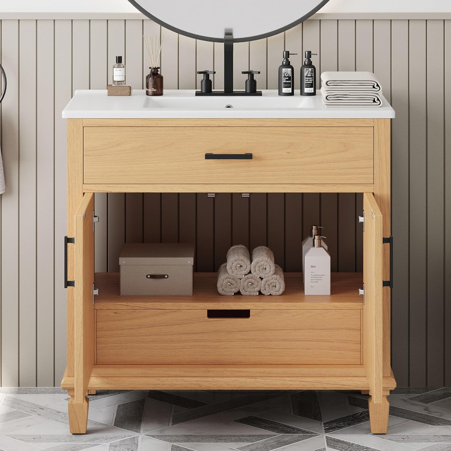 36' Rattan Bathroom Vanity with Sink, Bathroom Vanities with Soft Close Doors & Drawers, Freestanding Bathroom Sink Cabinet with Solid Wood Legs & Large Space Storage, Modern Vanity, Natural