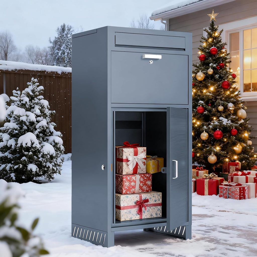 Outdoor Package Delivery Box with Wooden Door, Pre-Assembled Lockable Anti-Theft Parcel Drop Box, IPX3 Waterproof & Weather-Resistant for Porch, Fence, Curbside, (L - Blue)