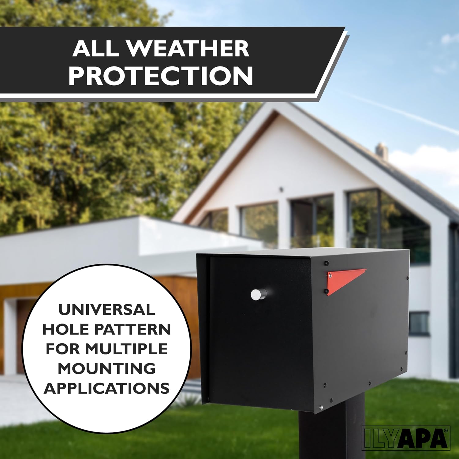 Ilyapa Post Mount Modern Mailbox - Black Exterior Powder Coated, Letterbox with Recessed Magnetic Close Door