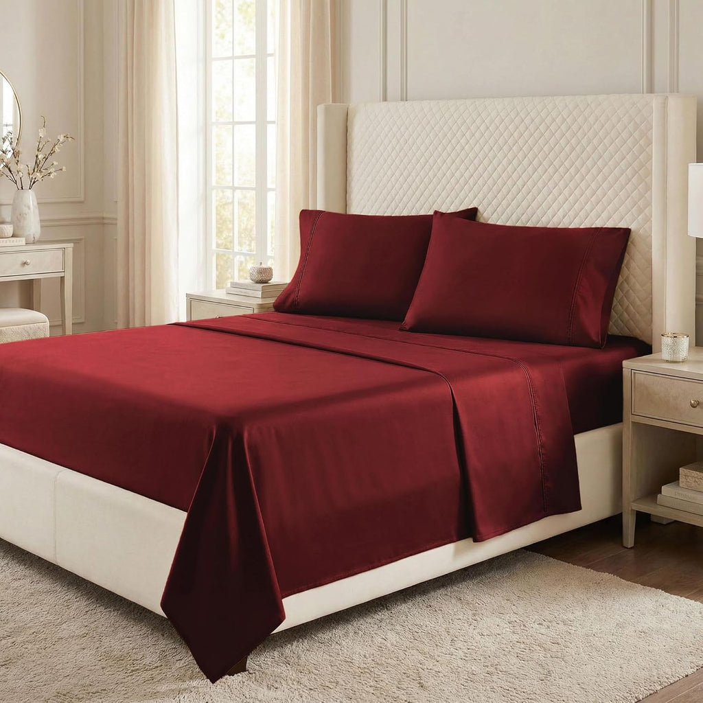 Superior Egyptian Cotton 530 Thread Count Bed Sheet Set, 1 Elastic Deep Pocket Fitted Sheet, 1 Flat Sheet, 1 Pillowcase, Soft Bedding, Luxury Sheets, Sateen Weave, Twin XL Size, Burgundy