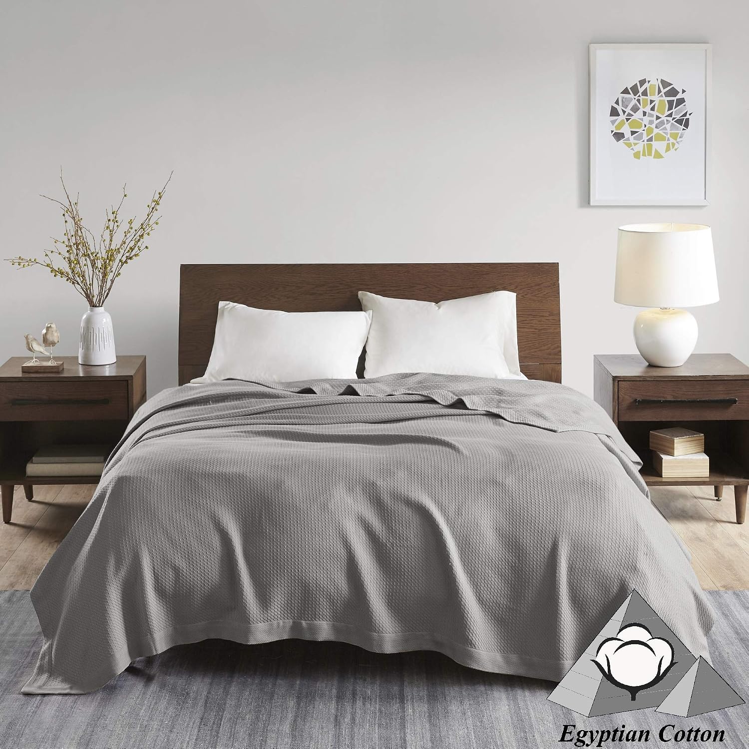 Madison Park 100% Egyptian Cotton Lightweight Summer Blanket, Breathable Waffle Knit Design, Soft Cozy All-Season Throw for Bed, Couch or Sofa, Grey Full/Queen Size (90'x90')
