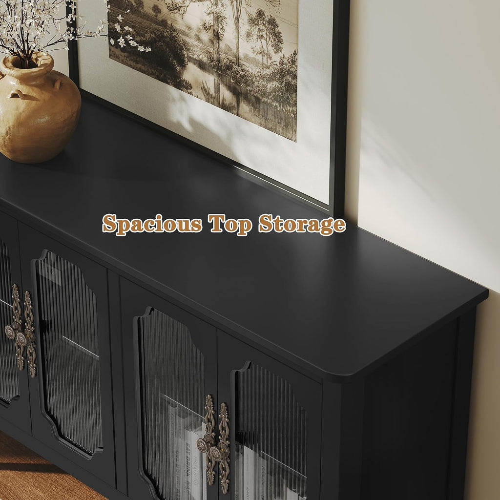 Vintage Buffet Sideboard with 4 Glass Doors, 48' Mid Century Style Storage Cabinet with Shelves, Deractive Crezada, Black Accent Cabinet for Living Room, Kitchen