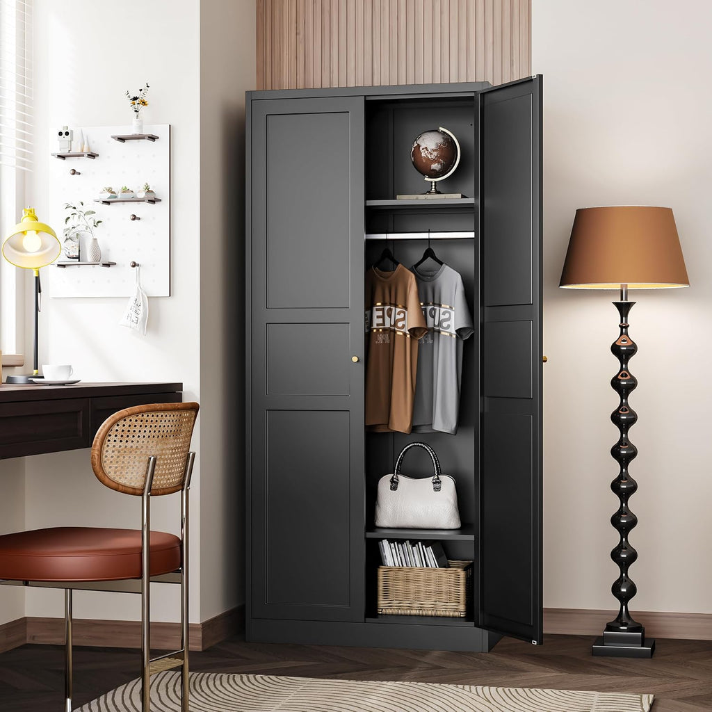 Letaya Wardrobe Armoire Closet,72' H Metal Storage Cabinet with Adjustable Shelves and Hanging Rod,Bedroom Armoire Cabinet Clothes Organizer (Black)