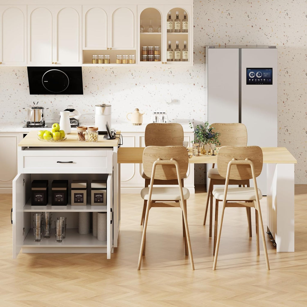 RUNNA Kitchen Island with Extendable Dining Table for 4-6 Person,Two-Tone KitchenTable, Power Outlet, Kitchen Island with Storage 2 Drawers 2 Side Open Shelves (White Oak~010)