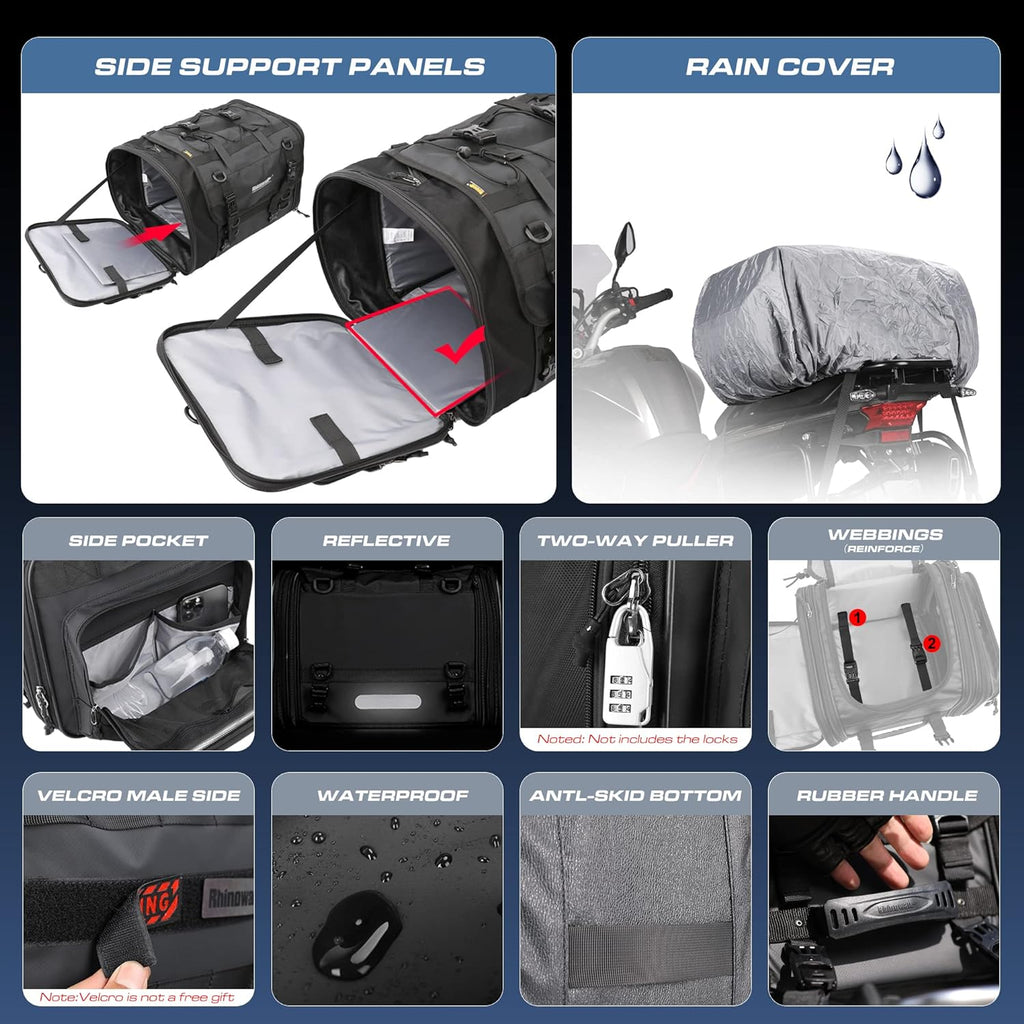 Rhinowalk Motorcycle Tail Bag, Expandable Motorcycle Travel Luggage Bags 60L, Waterproof All-Weather Trunk Rack Bag with Sissy Bar Straps & Helmet Rain Cover-Black