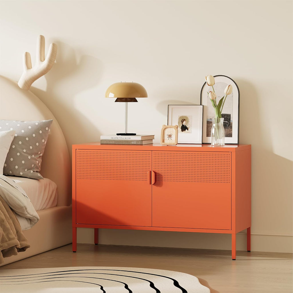 Orange Metal Storage Cabinet,2 Door TV Stand, Metal Mesh Accent Cabinet,Magnetic Door Closure,Low Storage Cabinets with Doors and Shelf for Home,Office,Living Room