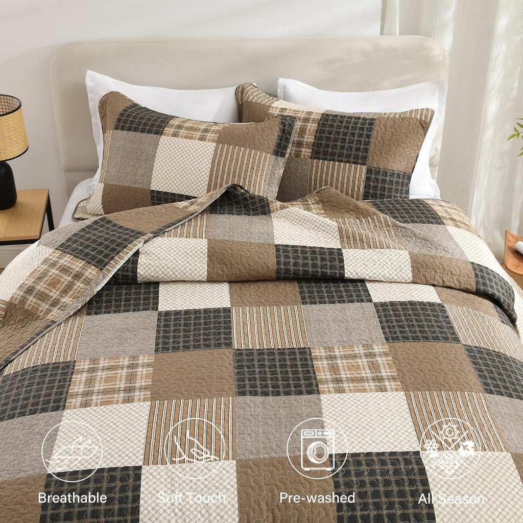 Finlonte Quilt King Size, King Quilt Set, Cotton Quilt, Farmhouse Plaid King Quilted Bedspread, Charcoal Beige Brown Lightweight Comforter Bedding Set for All Season, 3-Piece