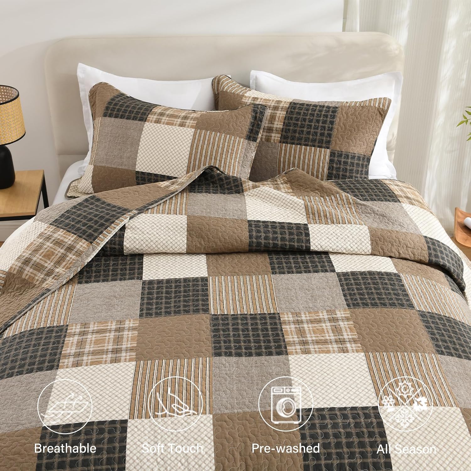 Finlonte Quilt King Size, King Quilt Set, Cotton Quilt, Farmhouse Plaid King Quilted Bedspread, Charcoal Beige Brown Lightweight Comforter Bedding Set for All Season, 3-Piece