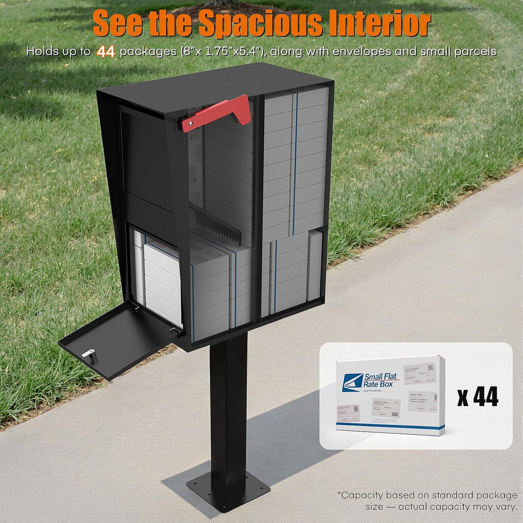 Package Mailbox with Lock, Large Post-Mount Locking Mailboxes for Outdoor Use, Heavy-Duty Steel Curbside Security Mailbox with Post and Base Plate, Weatherproof Mail Box for Residential Deliveries