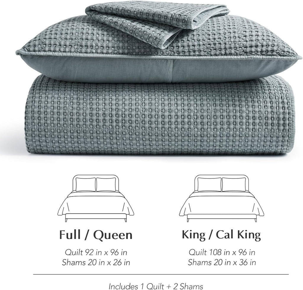 EverGrace Stonewashed 100% Natural Cotton Waffle Quilt Set Queen Size 3 Pieces, Soft, Breathable & Substantial Bedding, Quilted Coverlet Bedspread with 2 Shams for All Seasons, Blue Linen