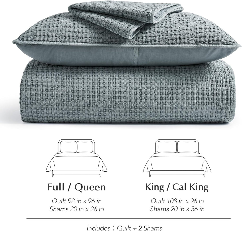 EverGrace Stonewashed 100% Natural Cotton Waffle Quilt Set King Size 3 Pieces, Soft, Breathable & Substantial Bedding, Quilted Coverlet Bedspread with 2 Shams for All Seasons, Blue Linen