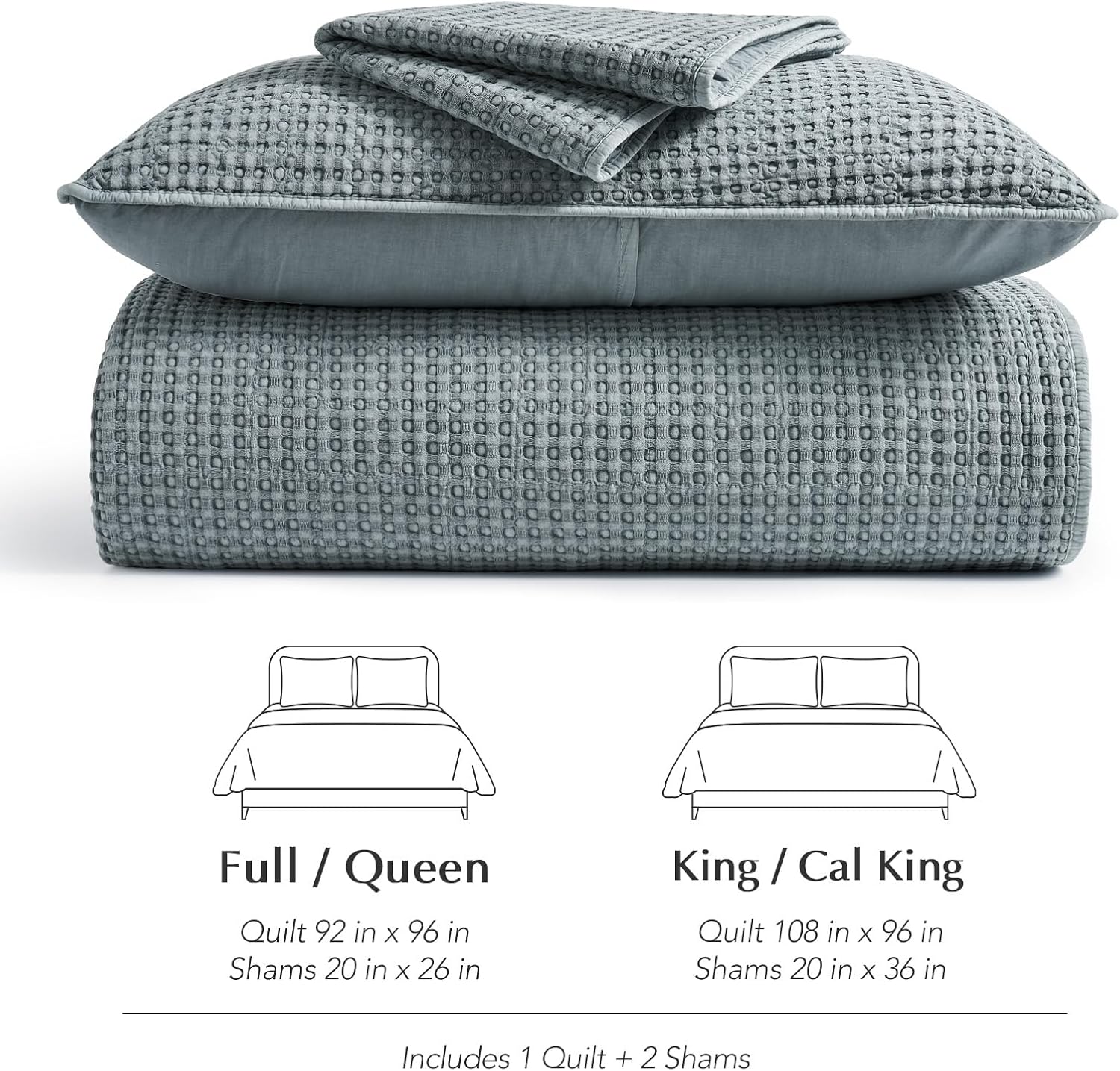EverGrace Stonewashed 100% Natural Cotton Waffle Quilt Set King Size 3 Pieces, Soft, Breathable & Substantial Bedding, Quilted Coverlet Bedspread with 2 Shams for All Seasons, Blue Linen