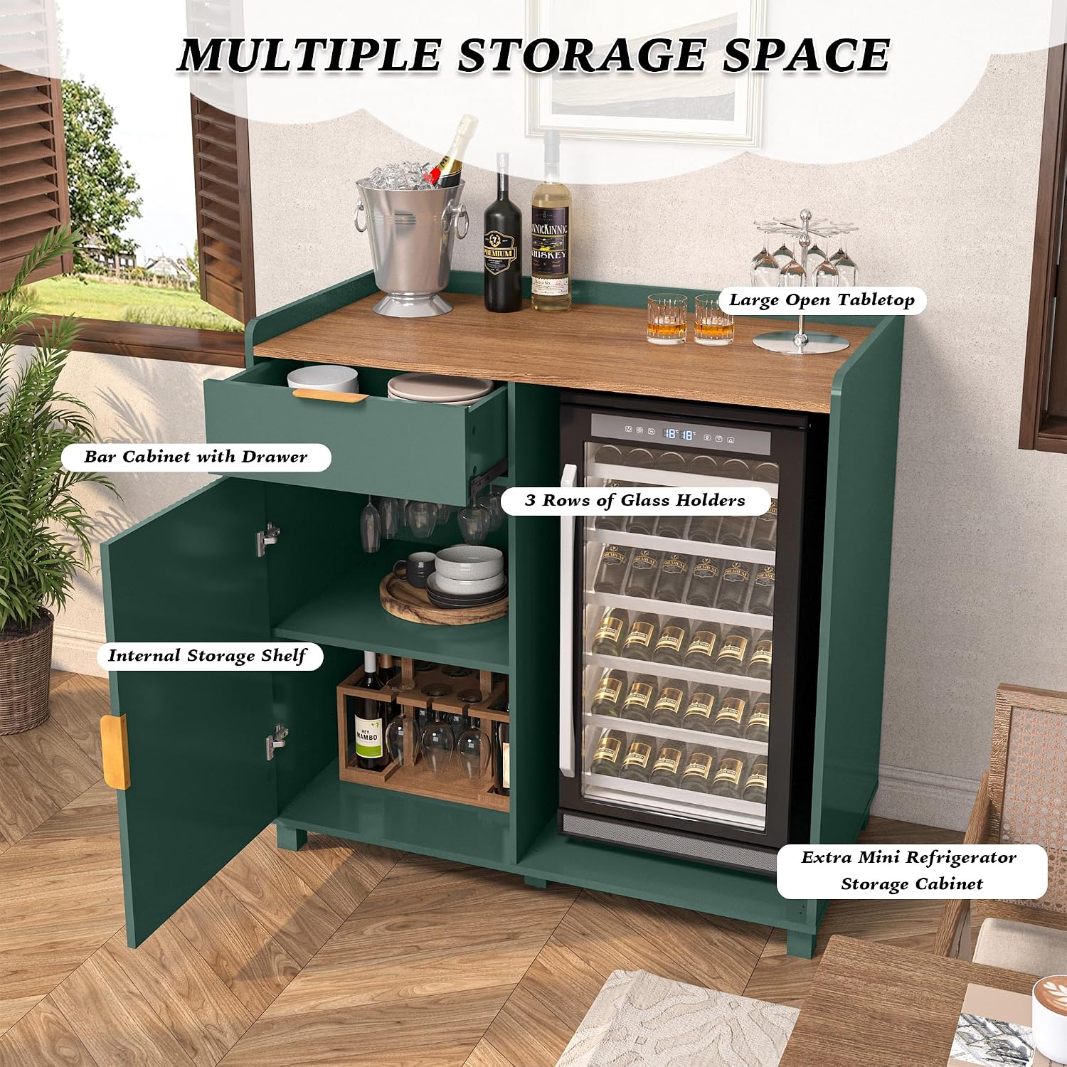 Bar Cabinet with Fridge Space&Fluted Door, Mini Fridge Cabinet with Wine Storage, Modern Sideboard Buffet Cabinet Coffee Station for Dining Room, Living Room, Kitchen, Green