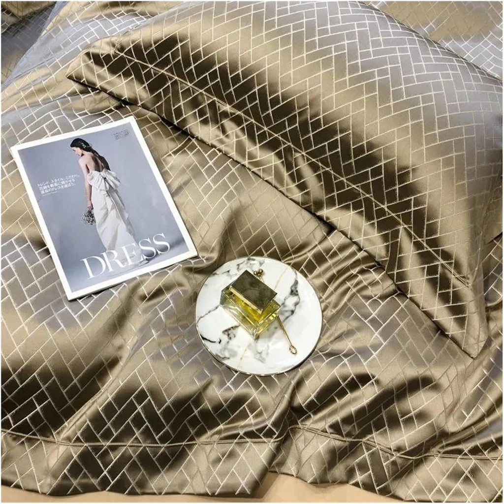 Luxury Black Gold Yarndyed Jacquard Egyptian Cotton Smooth Duvet Cover Queen King Bedding Set Flat Sheet Pillowcases, for All Seasons(Champagne Color,King)