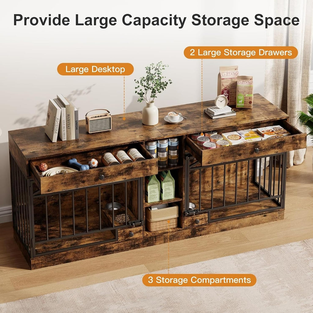 GAOMON Dog Crate Furniture for 2 Dogs, 78.7'' Large Dog Kennel Indoor with 2 Storage Drawers, 3 Shelves and Feeding Bowls, Double Dog Crate TV Stand for Small and Medium Dogs, Brown