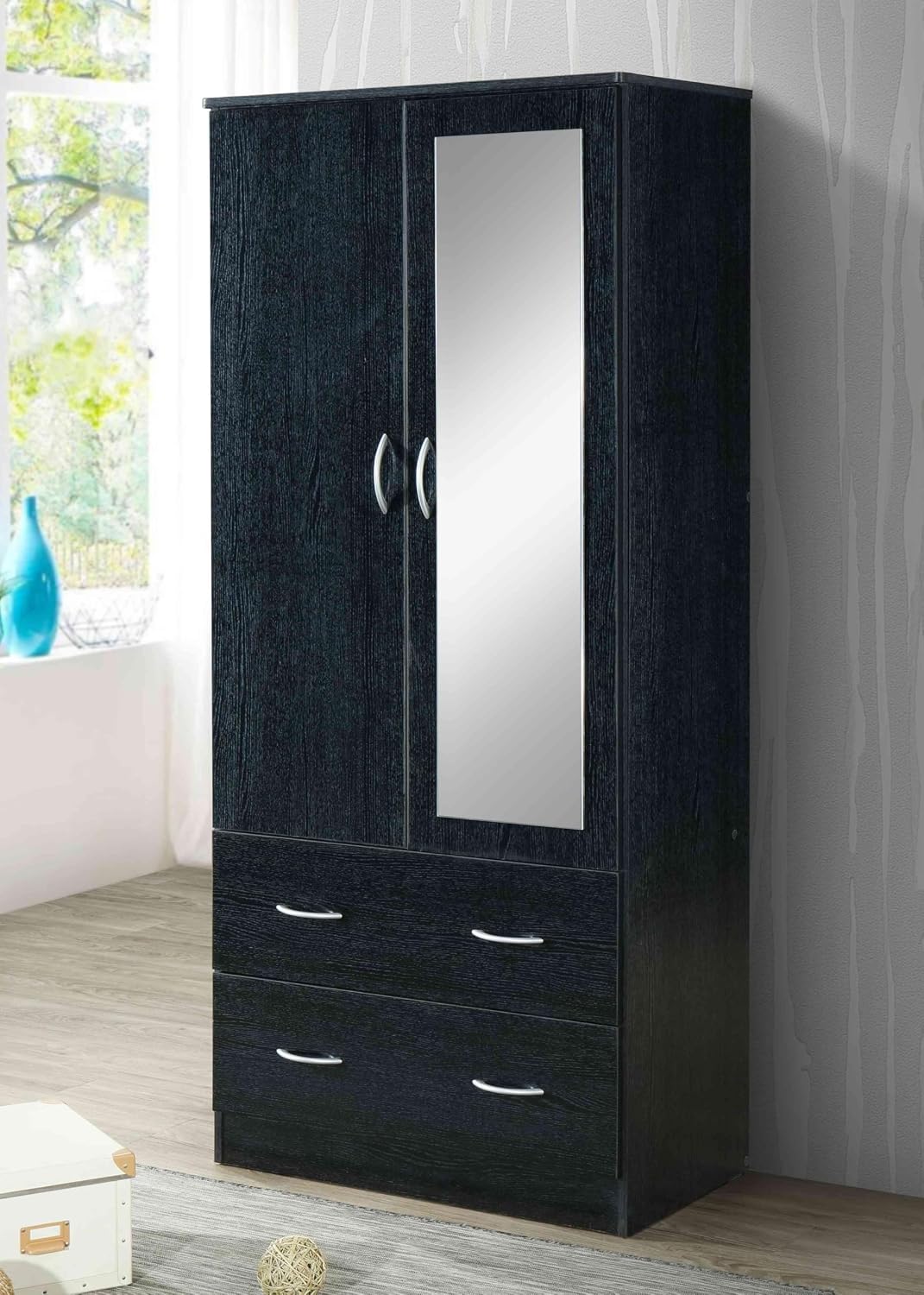 HODEDAH 2 Door Wood Wardrobe Bedroom Closet with Clothing Rod inside Cabinet, 2 Drawers for Storage and Mirror, Black