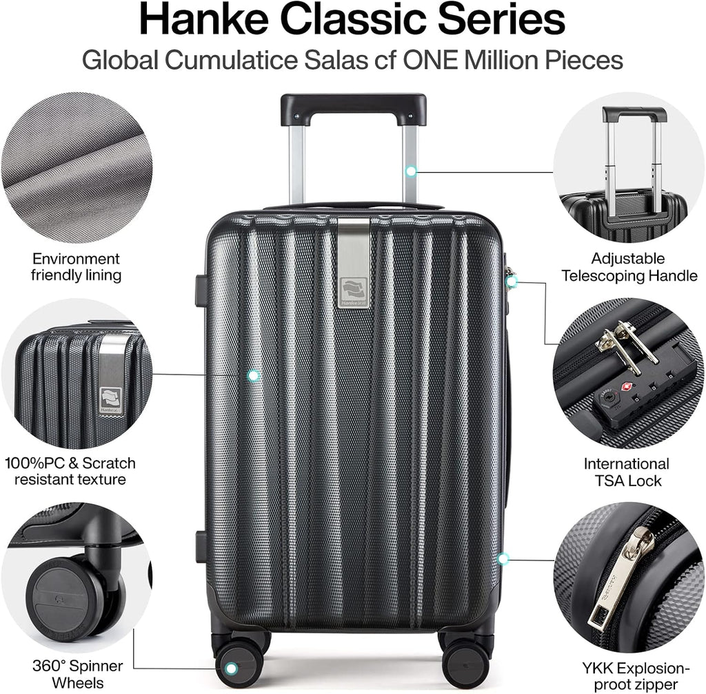 Hanke Luggage Sets 2 piece Carry On Luggage with Wheels PC Hard Shell Suitcases Lightweight Checked Travel Luggage Large Travel Suitcase Woman Men 20/29 Inch(Jet Black)