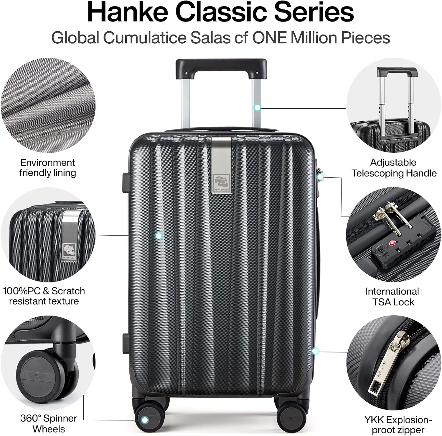 Hanke Luggage Sets 2 piece Carry On Luggage with Wheels PC Hard Shell Suitcases Lightweight Checked Travel Luggage Large Travel Suitcase Woman Men 20/29 Inch(Jet Black)
