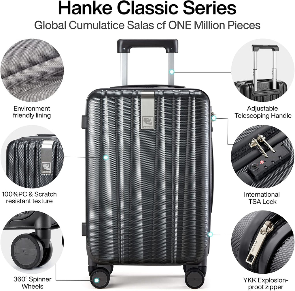 Hanke 20 Inch Carry On Luggage 22x14x9 Airline Approved Lightweight PC Hard Shell Suitcases with Wheels Travel Luggage Rolling Suitcase Travel Luggage Bag for Weekender(Jet Black)