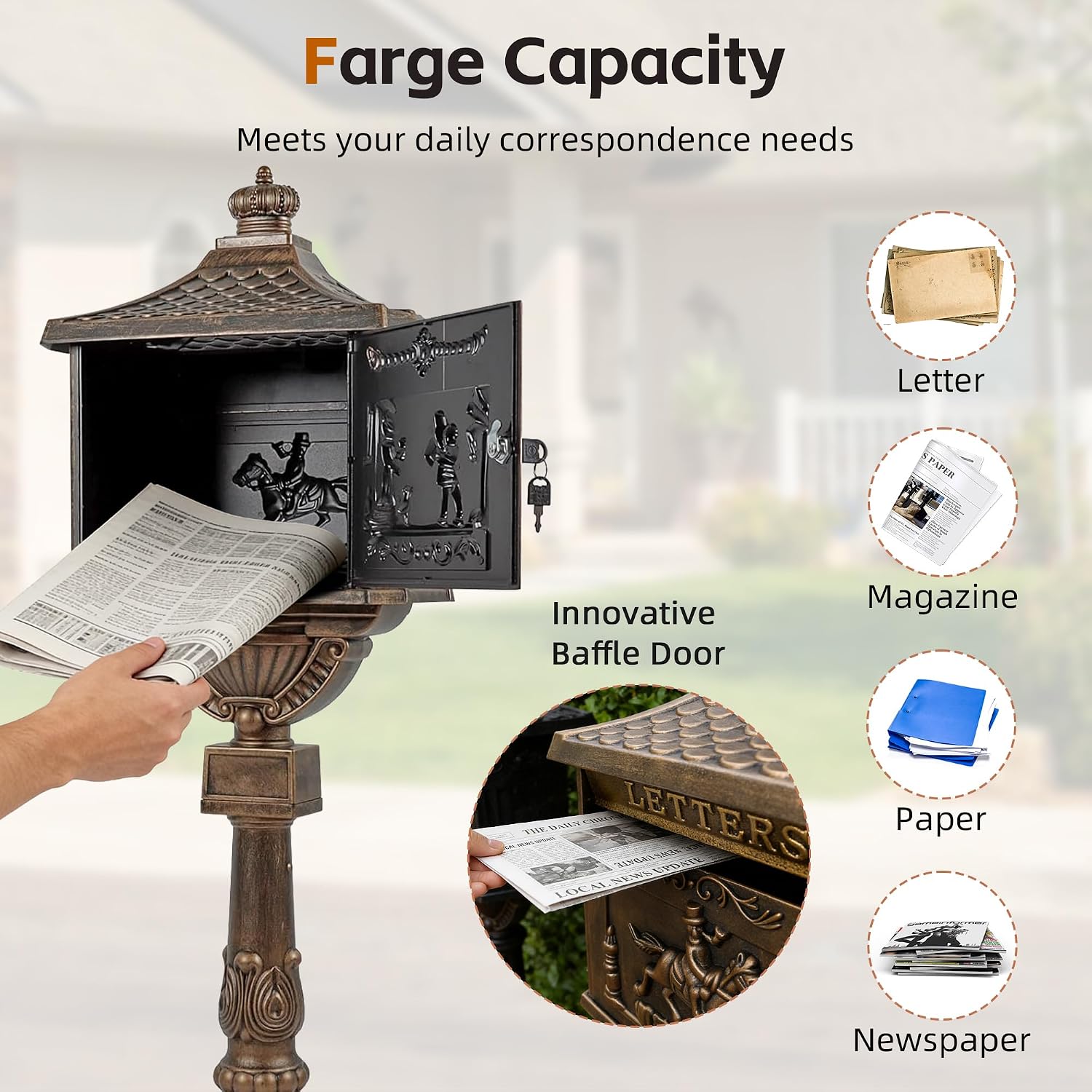 Cast Aluminum Locking Mailbox, Heavy Duty Security Postal Box, Retro Mid-Century Outdoor Mailbox with Key Lock, Weatherproof Anti-Theft Design, Easy Installation, Bronze